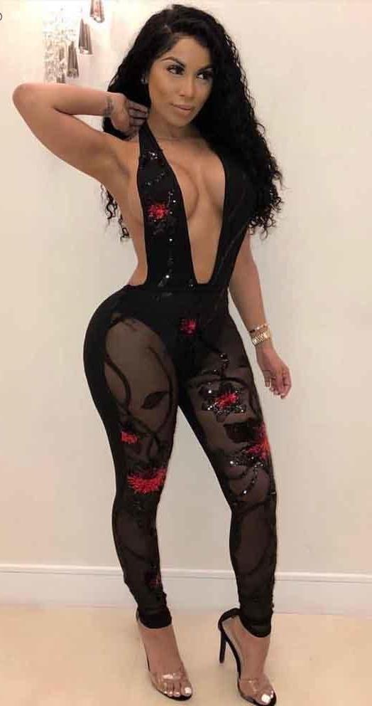 Backless Sequined Deep V Neck Sleeveless Floral Jumpsuit