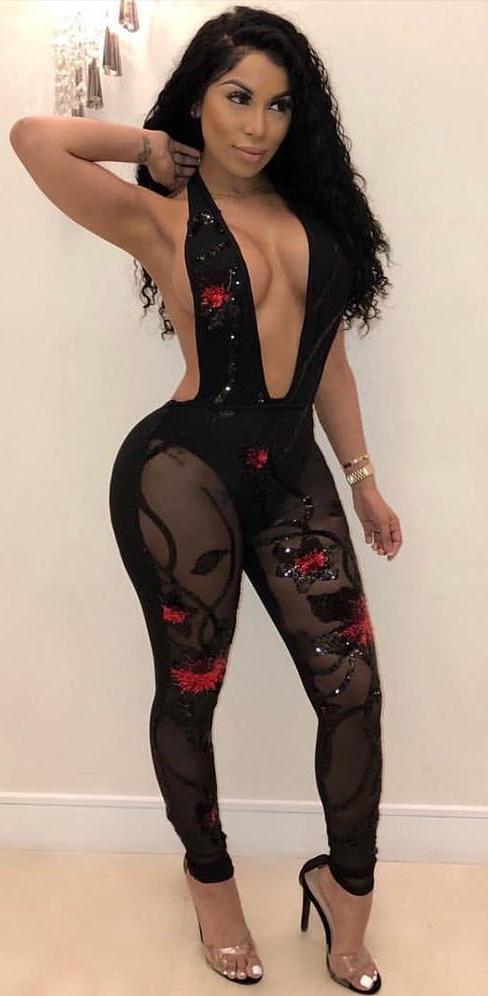 Backless Sequined Deep V Neck Sleeveless Floral Jumpsuit