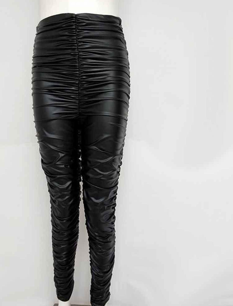 Black High Waist Pleated PU Leather Pants