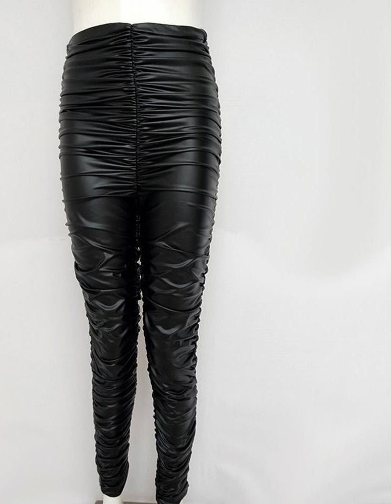 Black High Waist Pleated PU Leather Pants