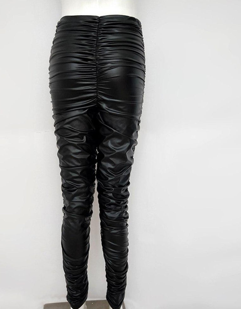 Black High Waist Pleated PU Leather Pants