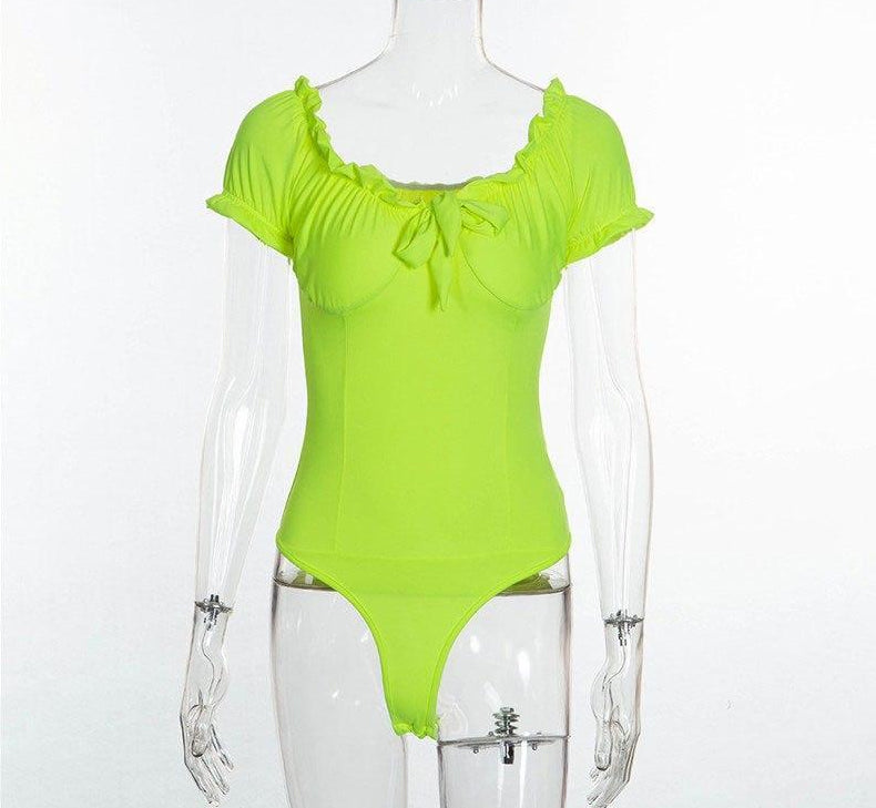 Ruched Bow Tie Basic Fluorescent Green Bodysuits