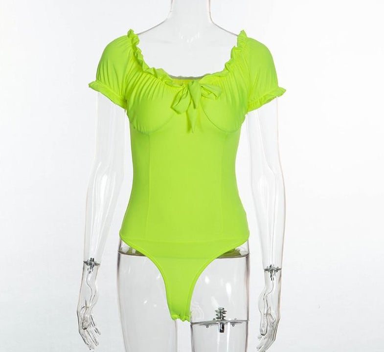 Ruched Bow Tie Basic Fluorescent Green Bodysuits