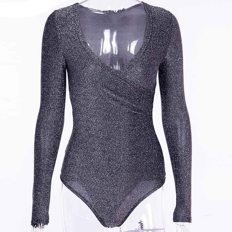 Sparkly Deep V Neck Glitter Long Sleeve Bodysuit (Multi-Colors