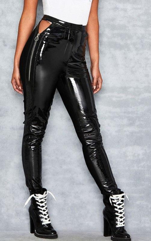 PU Leather Hollow Side Zipper High Waist Pants
