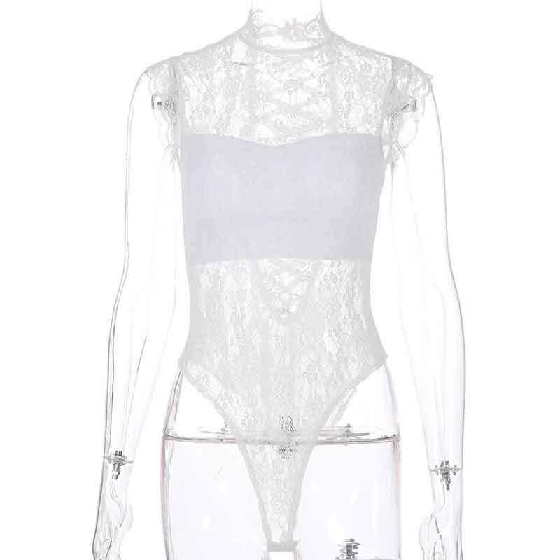 White Mesh See Through Lace Bodysuits