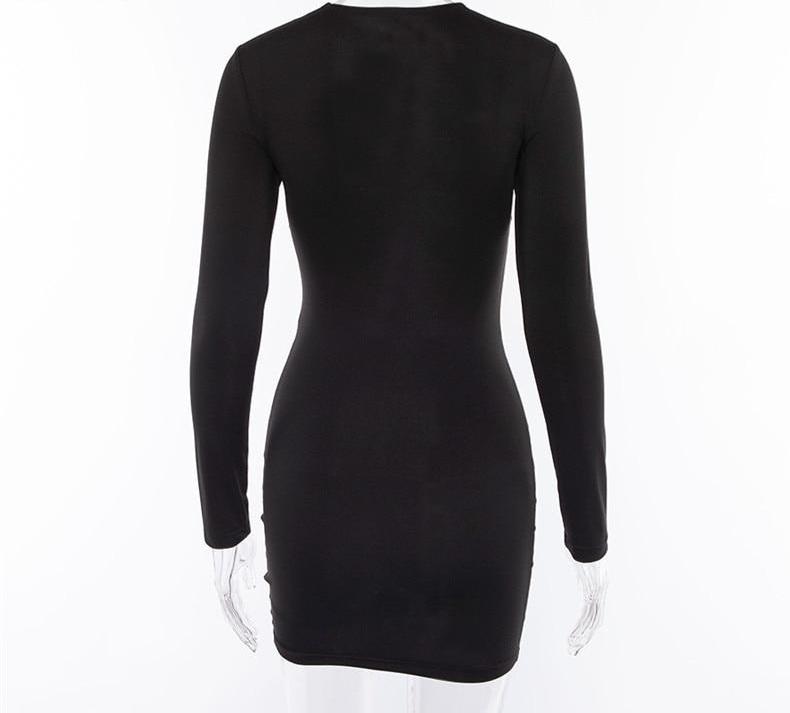 Hollow Long Sleeve O Neck Ruched Black Mini Dress