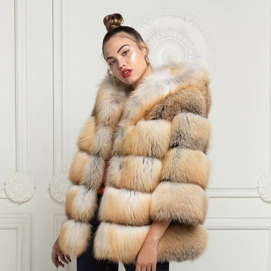 Real Red Fox Fur Full Pelt Hooded Medium Coats