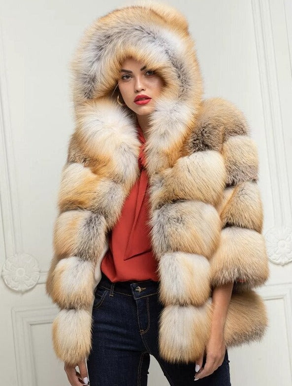 Real Red Fox Fur Full Pelt Hooded Medium Coats