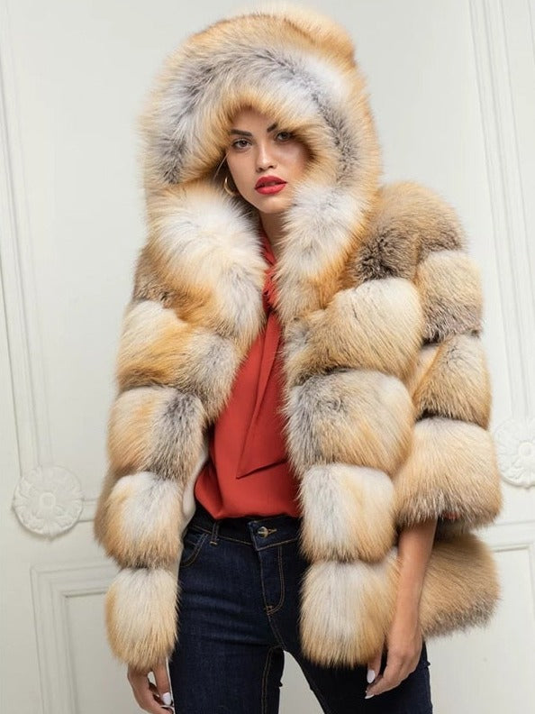 Women Full Pelt Natural Red Real Fox Fur Coat Hooded Jacket Overcoat Outwear