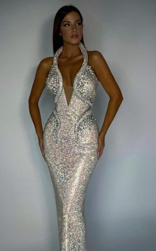 Silver Luxury Crystal Halter Maxi Dress