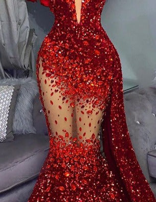 Crystal Rubies Sequin Mesh Mermaid Floor-length Dresses