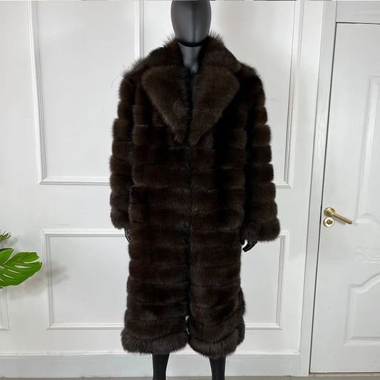 Brown Pattern Real Fox Fur Long Coat