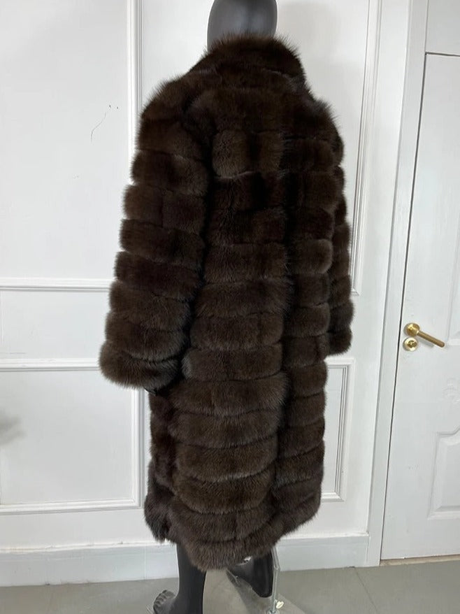 Brown Pattern Real Fox Fur Long Coat
