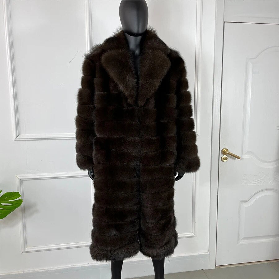 Brown Pattern Real Fox Fur Long Coat