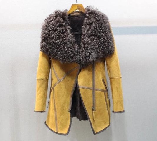 Genuine Leather Coat Big Curly Fur Collar