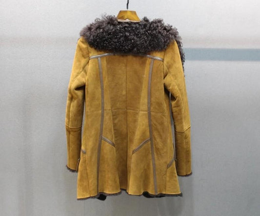 Genuine Leather Coat Big Curly Fur Collar