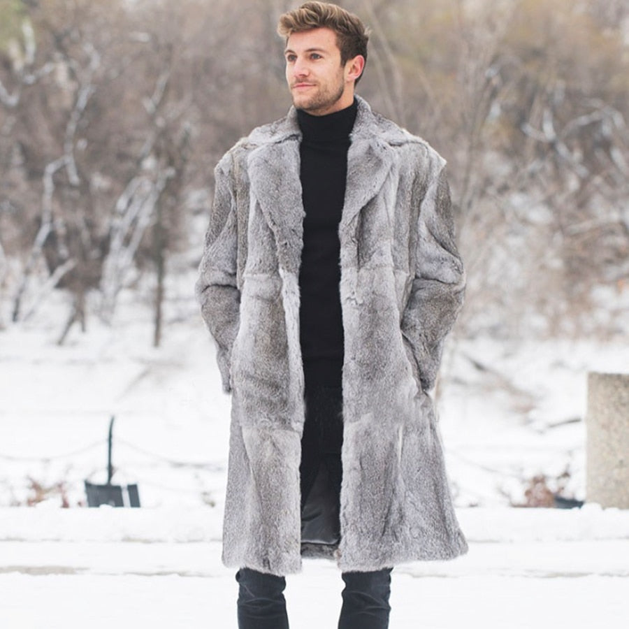 Real Rabbit Fur Turn Down Collar Long Coat