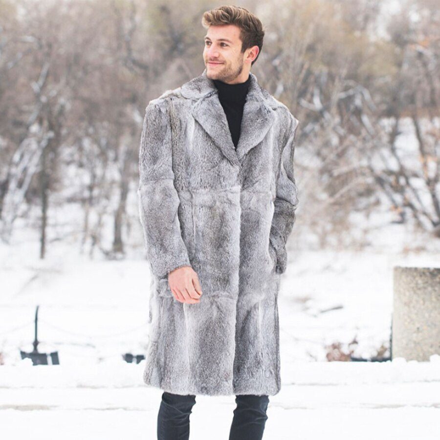 Real Rabbit Fur Turn Down Collar Long Coat