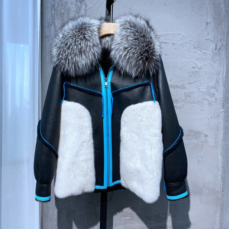 Genuine Leather Real Mink/Silver Fox Fur Collar Coat