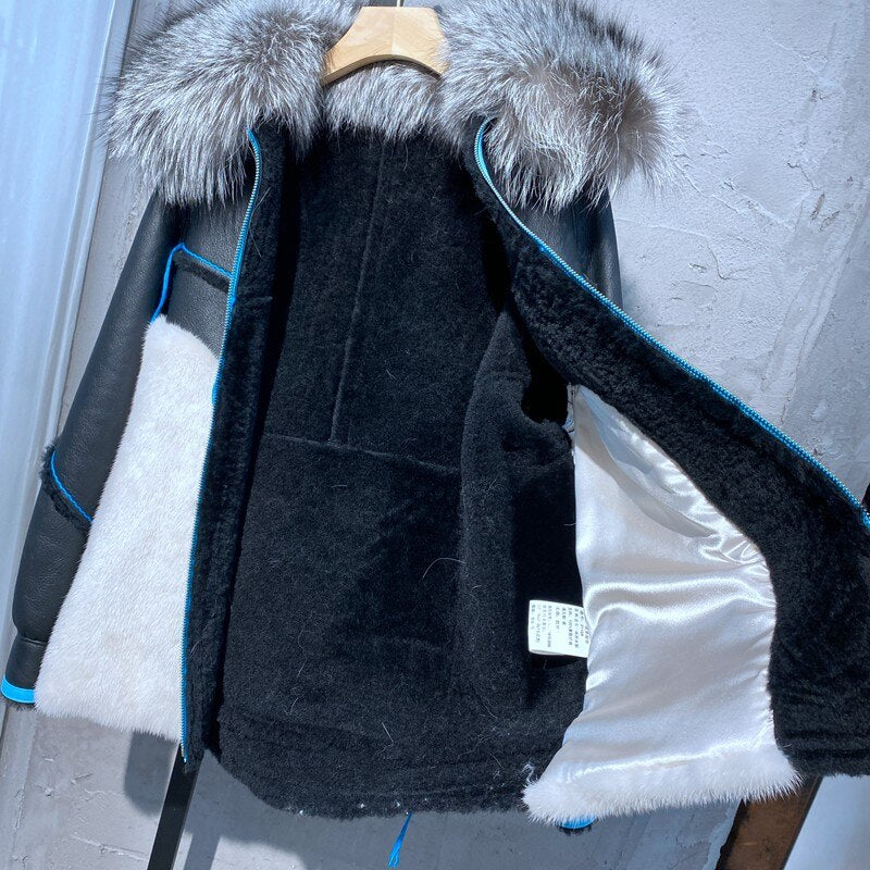 Genuine Leather Real Mink/Silver Fox Fur Collar Coat