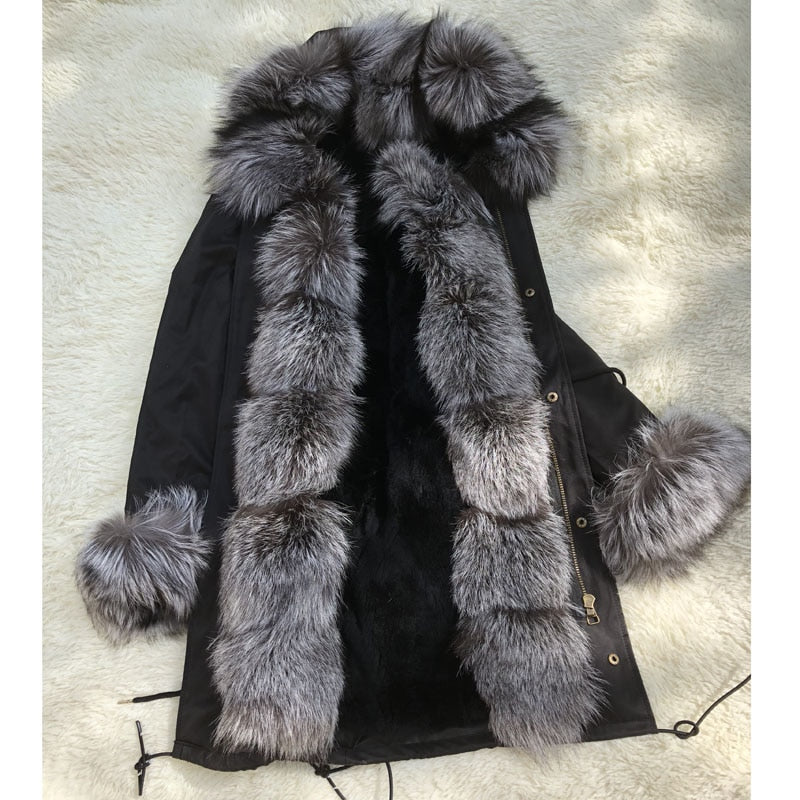 Real Silver Fox Fur Collar  Real Rex Rabbit Fur Liner Loose Coat