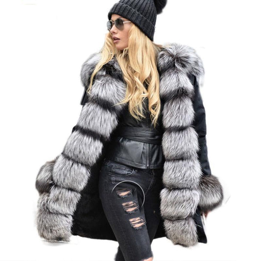 Real Silver Fox Fur Collar  Real Rex Rabbit Fur Liner Loose Coat