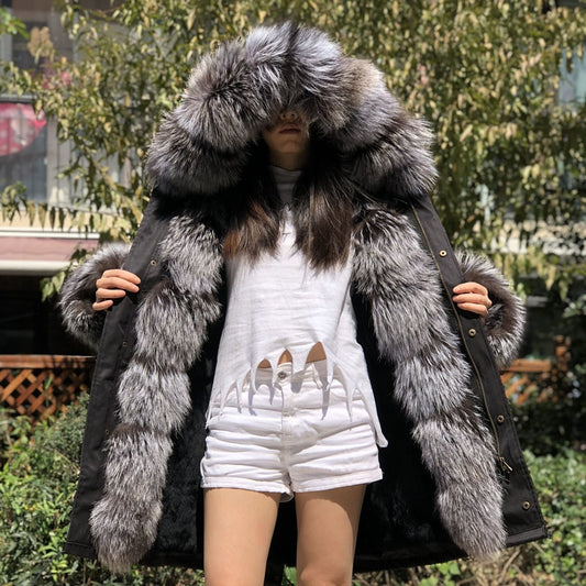 Real Silver Fox Fur Collar  Real Rex Rabbit Fur Liner Loose Coat