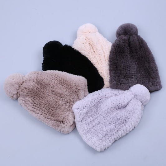 Real Rabbit Fur Knitted Beanies with Real Fur Pom Pom
