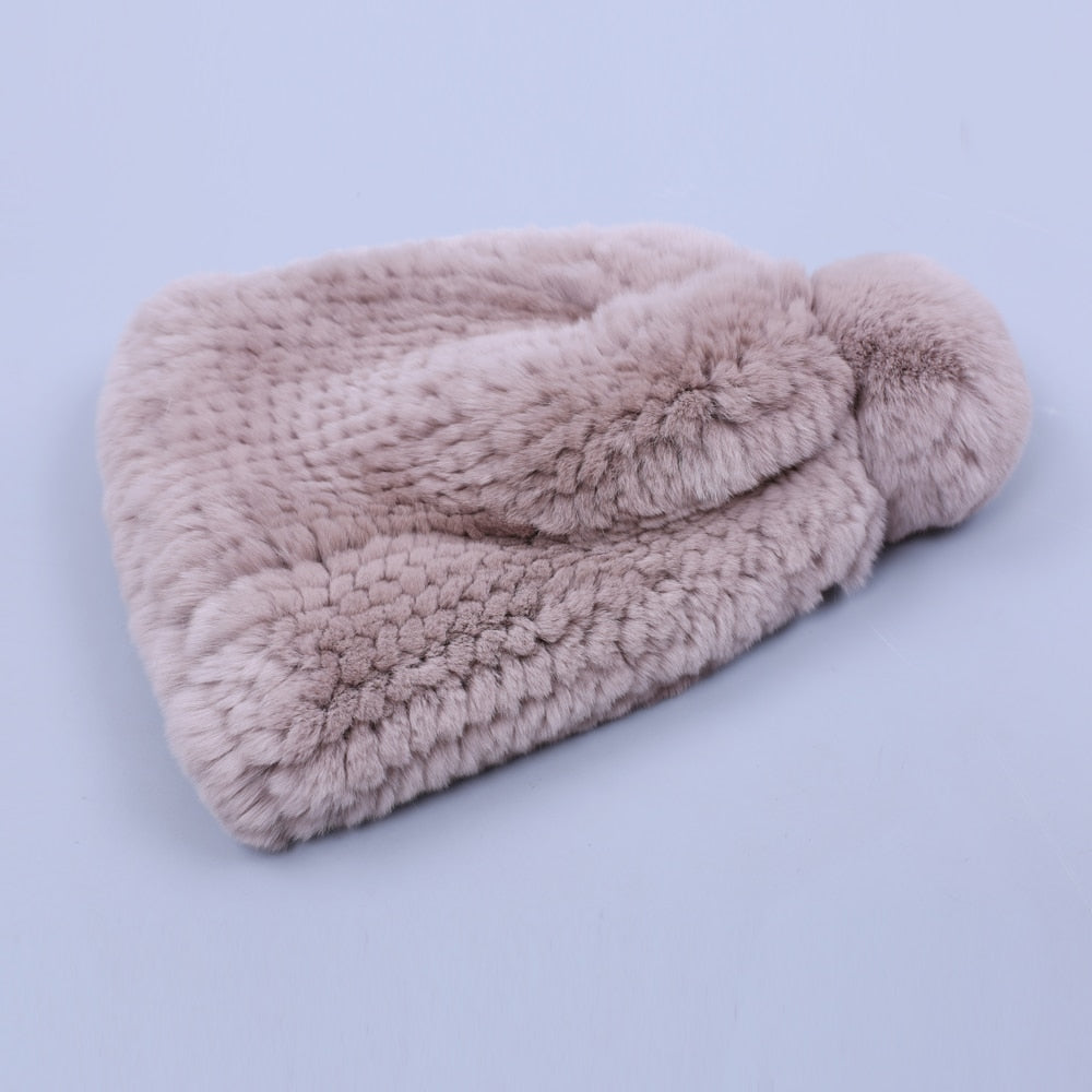 Real Rabbit Fur Knitted Beanies with Real Fur Pom Pom