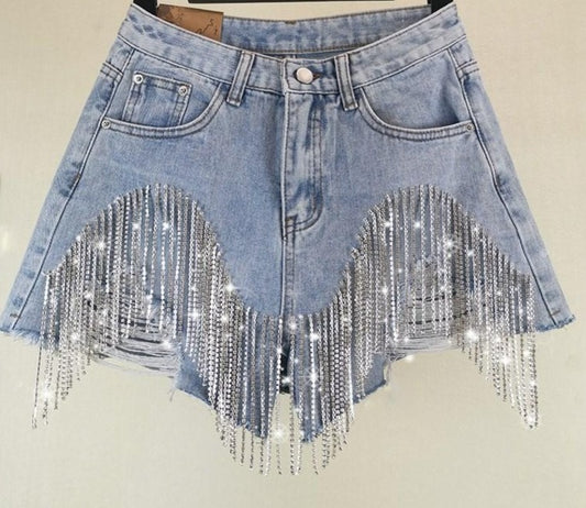 Diamond Tassels Ripped Jean Shorts