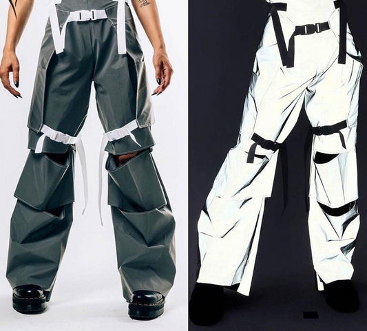 Reflective Multiple Buckle Rip Wide Leg Pants