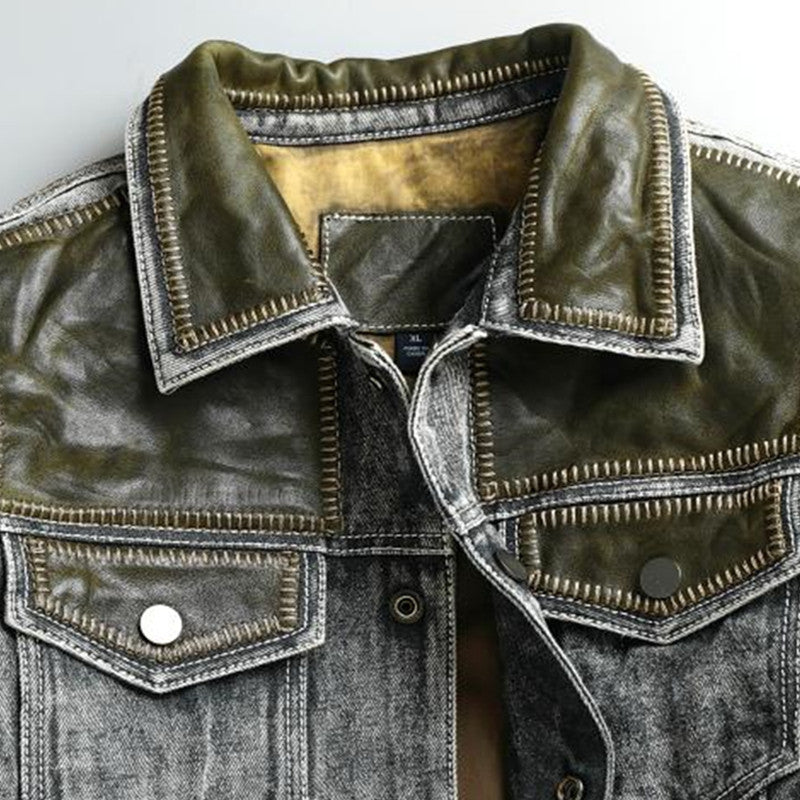 Genuine Leather Vintage Gray Denim Jacket