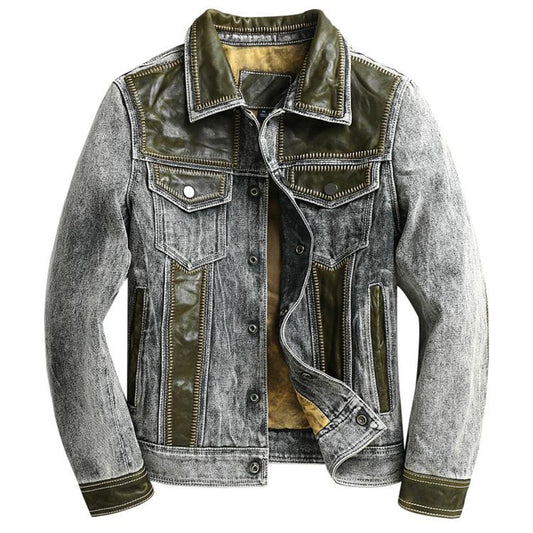 Genuine Leather Vintage Gray Denim Jacket