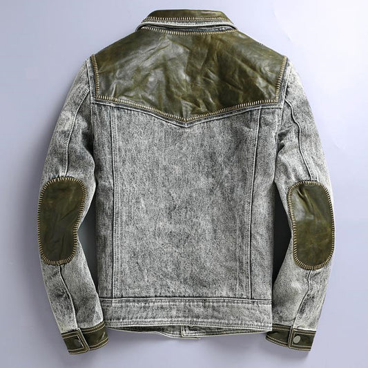 Genuine Leather Vintage Gray Denim Jacket