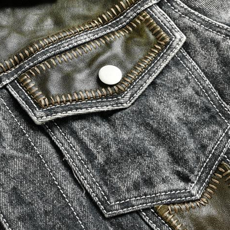 Genuine Leather Vintage Gray Denim Jacket