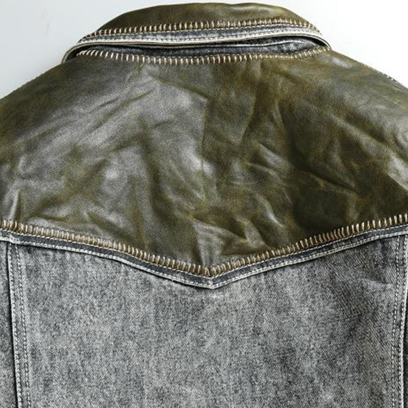 Genuine Leather Vintage Gray Denim Jacket