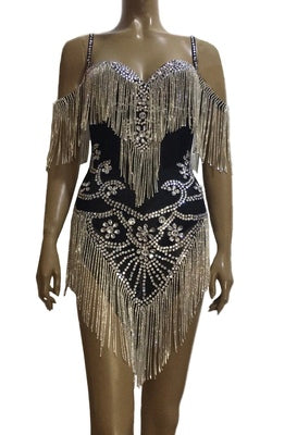 Rhinestones Fringes Mesh Bodysuit Crystal Chains