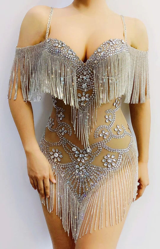 Rhinestones Fringes Mesh Bodysuit Crystal Chains