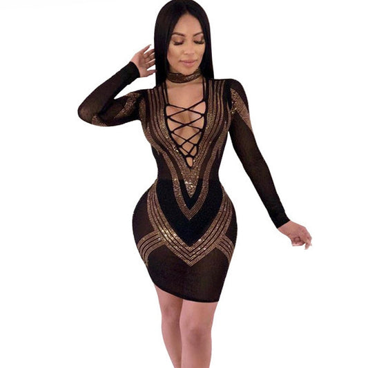 Mesh Sparkly Deep V Long Sleeve Bodycon Dresses