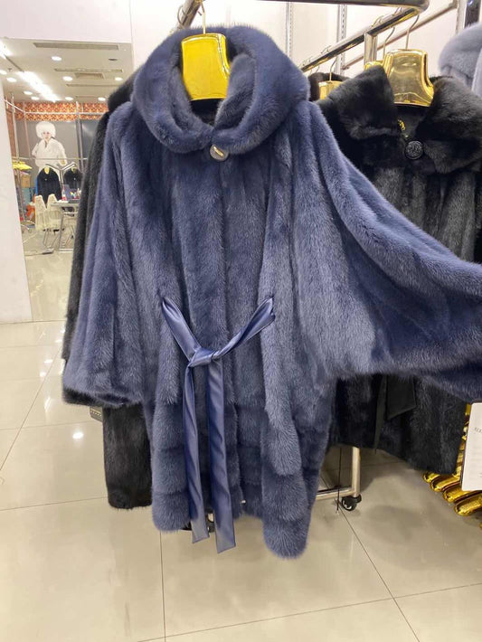 Navy Blue Mink Fur Bat Wing Poncho