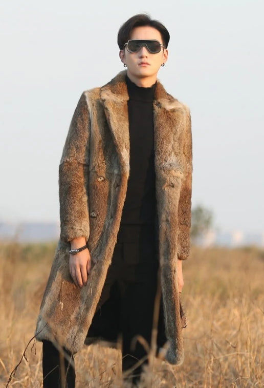 Real Rabbit Fur Double Breasted Long Slim Overcoats