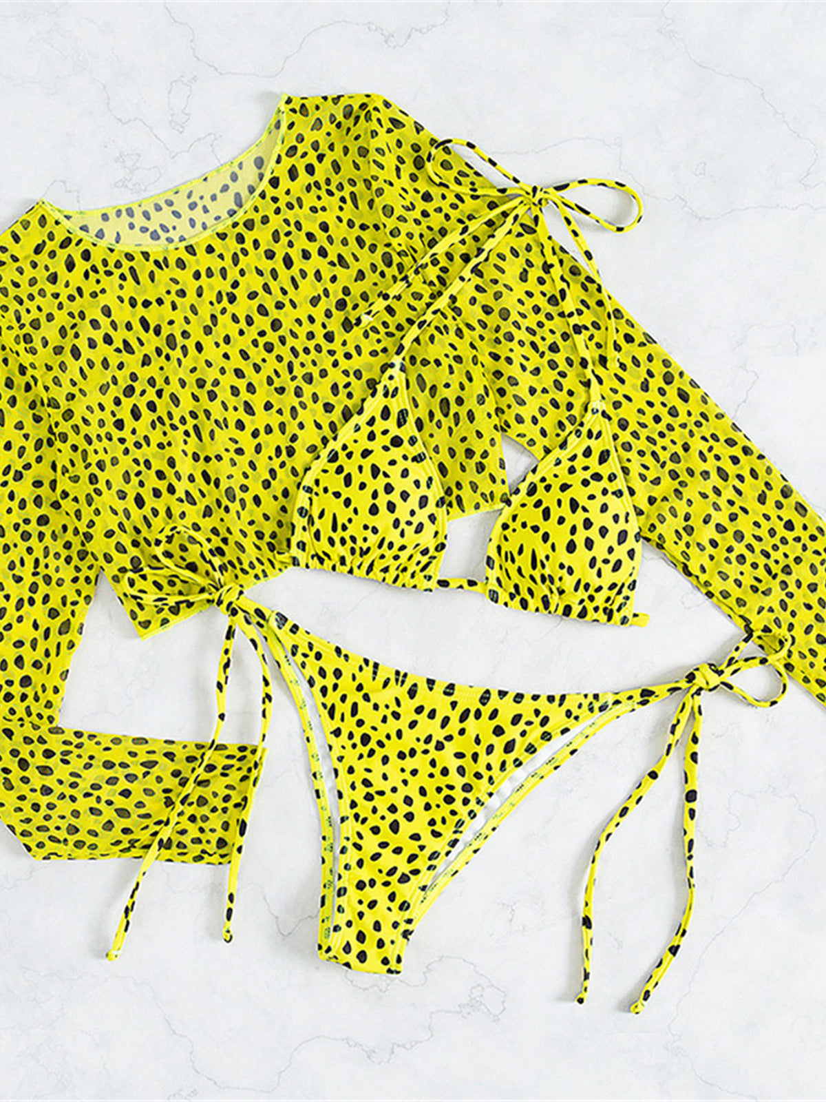 Leopard Print Long Sleeve Bikini 3 Piece Sets