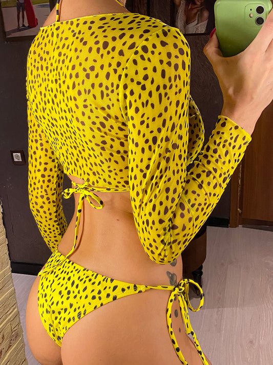 Leopard Print Long Sleeve Bikini 3 Piece Sets