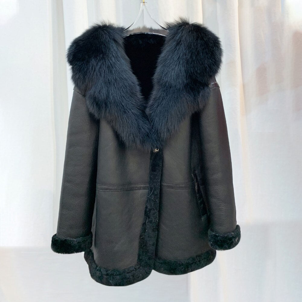 Genuine Leather Coats Shearing Fur Lining Big Real Fur Collar