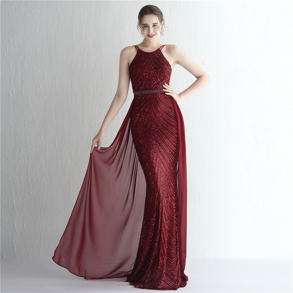 Sequin Maxi Dresses Detachable Chiffon Train