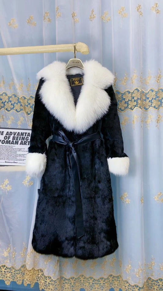 Real Rabbit Fur Coats X-long Real Fox Fur Collar & Cuffs