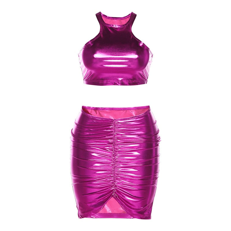 Shiny Pink Crop Halter Top & Skirt Set