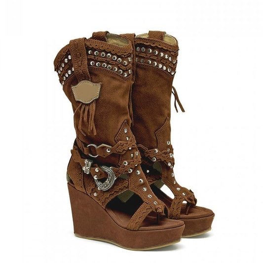 Retro Cowboy Wedge Sandal Boots