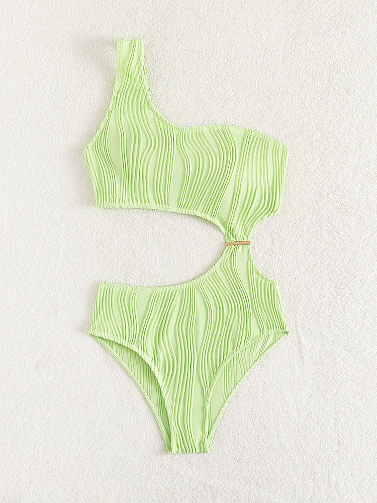 One Shoulder Green Cut Out One Piece Monokini